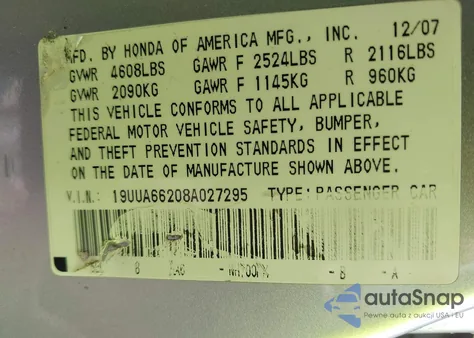 2008 Acura Tl 3.2 из США, поврежденный, VIN 19UUA66208A027295